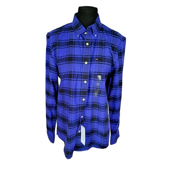 Tommy Hilfiger Men's Regular Fit Cotton Blue Plaid Flannel Long Sleeve Casual - Picture 1 of 10